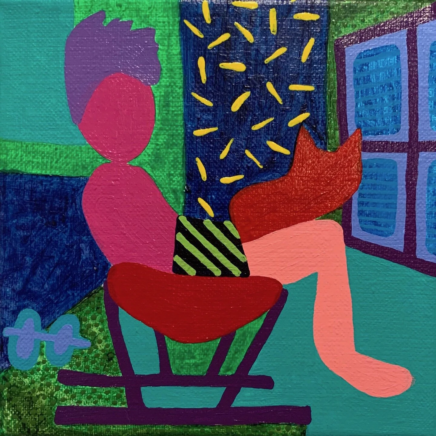   Nathan studying in an REI rocking chair,  Acrylic on canvas, 6”x6”, 2020 