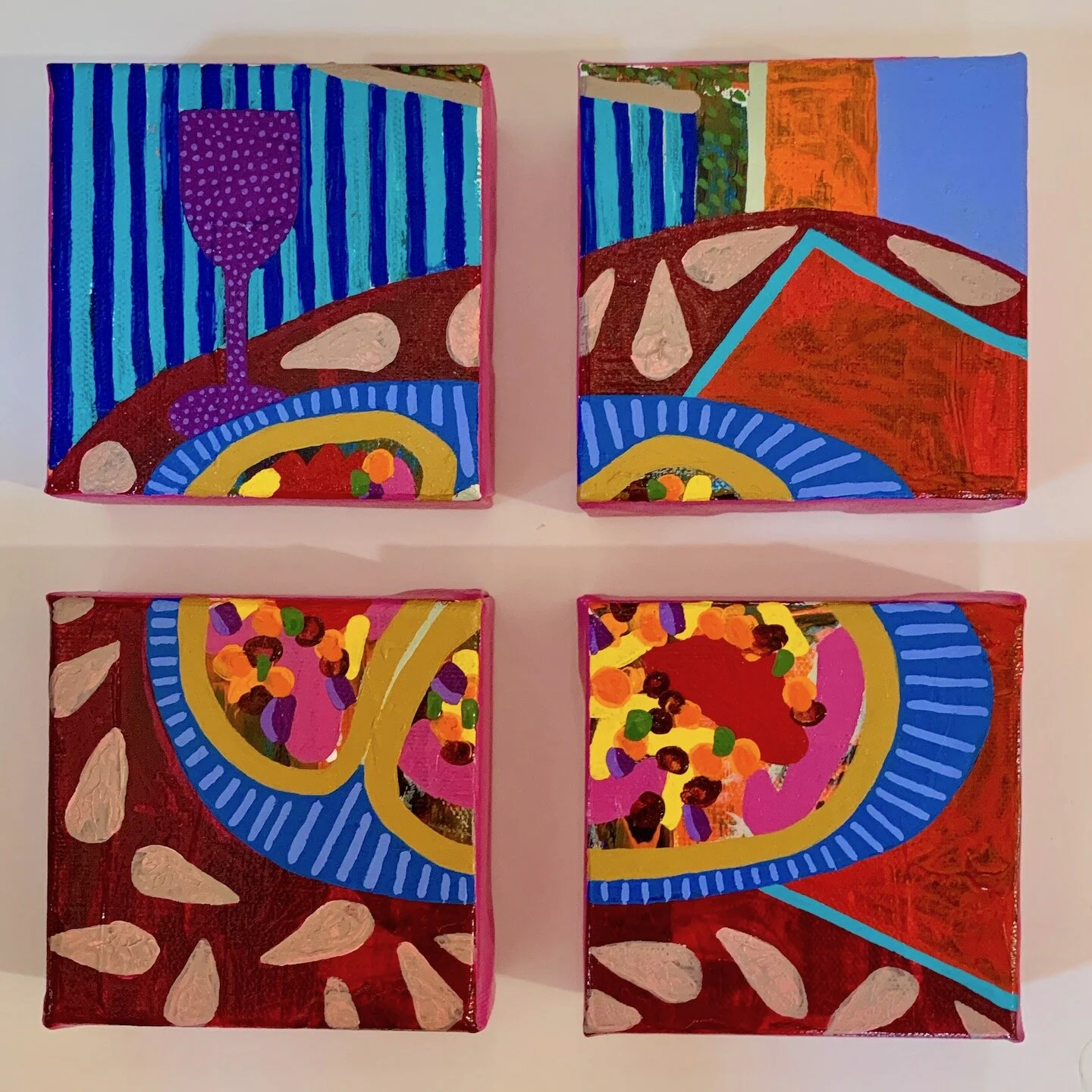   Quarantine porch taco dinner,  Acrylic on canvas, four 4”x4” canvases, 2020 