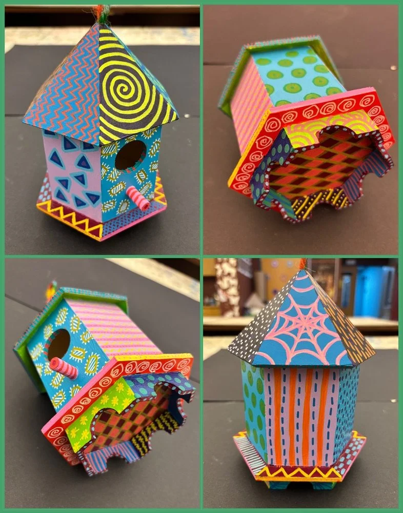   Wacky birdhouse,  Acrylic paint &amp; Posca paint pen on prefabricated birdhouse, 2025 