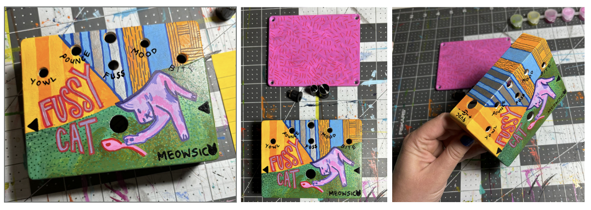   Fussy Cat guitar pedal illustration , Acrylic paint and Posca paint pen on metal, 4.7”x3.7”x1.34”, 2024 