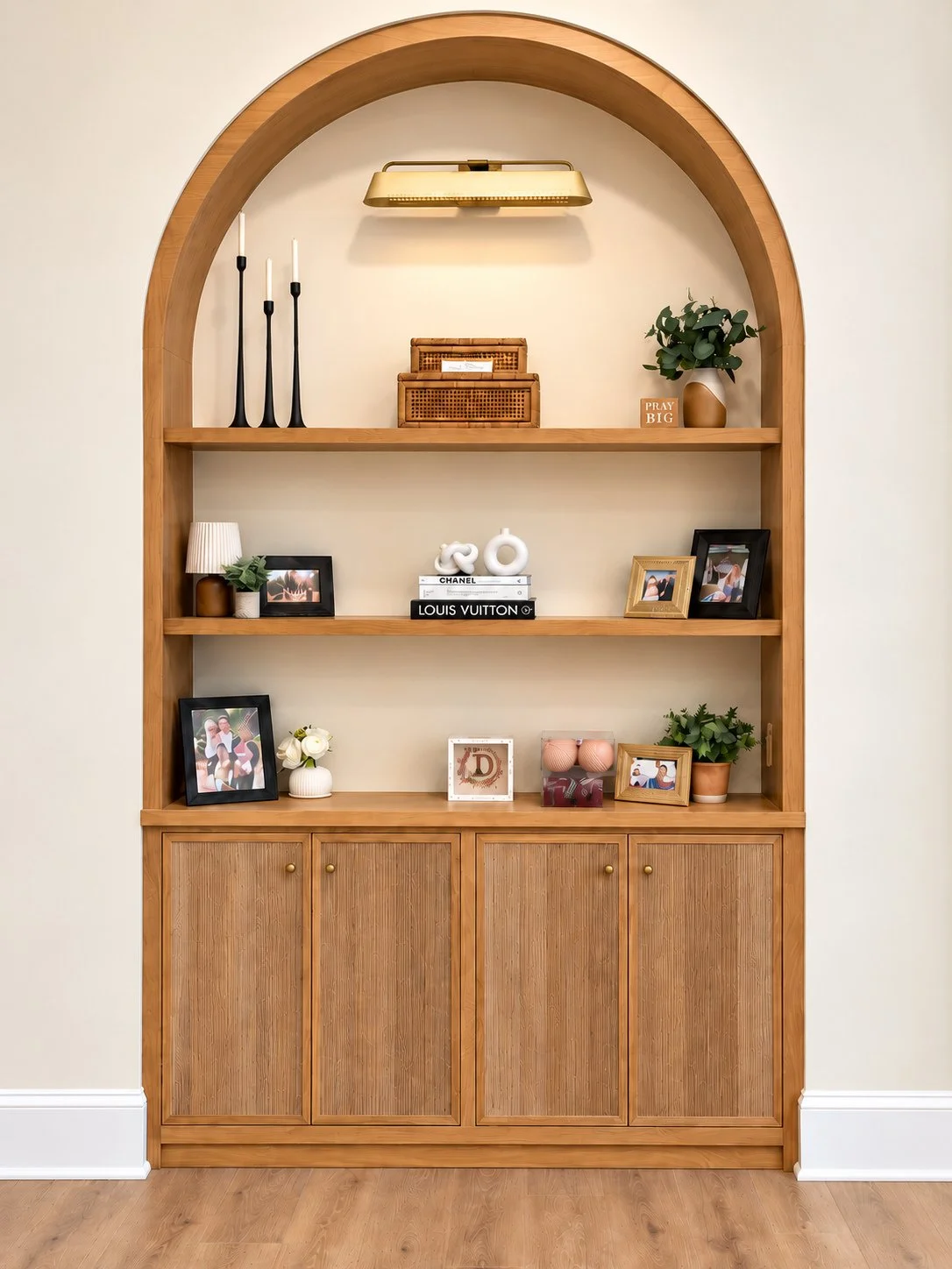 Natural oak arched display cabinet with reeded lower doors