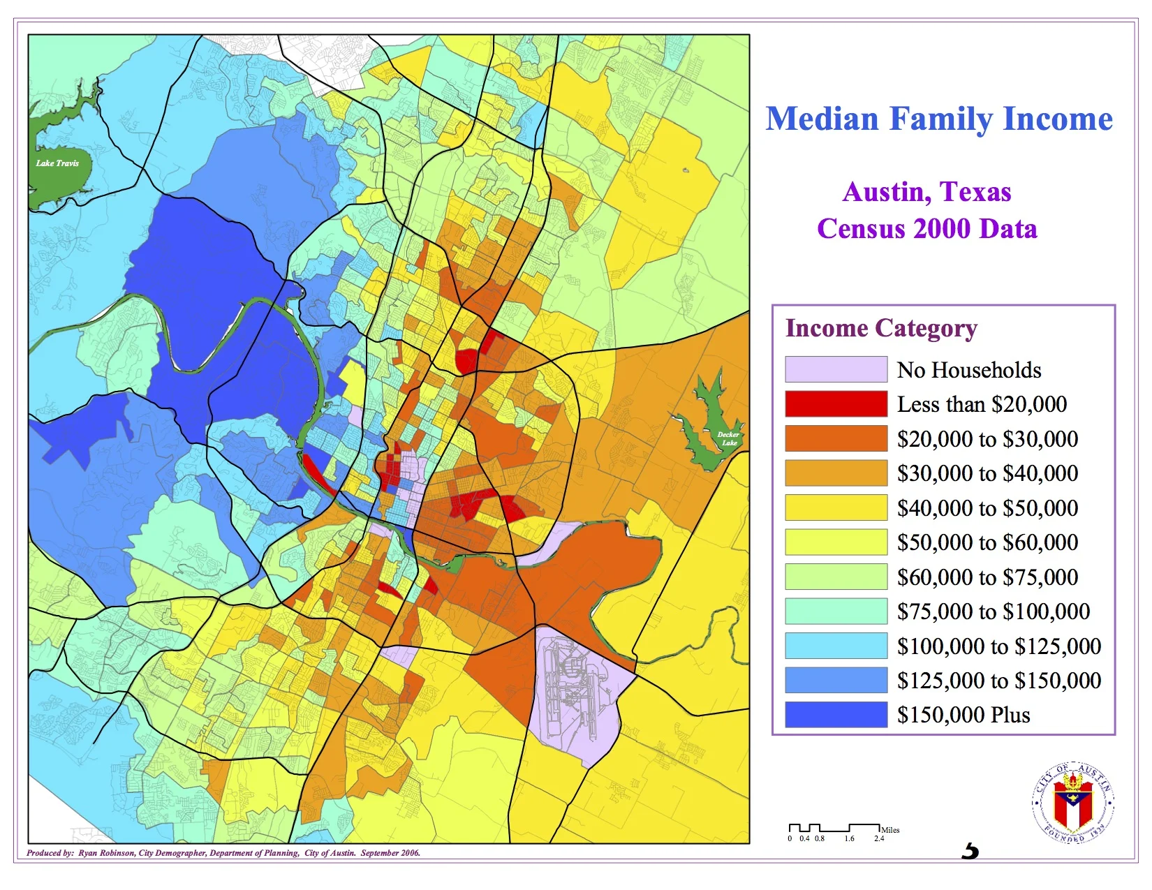 A demographic map of median family income generated by the city of Austin using 2010 census data. 