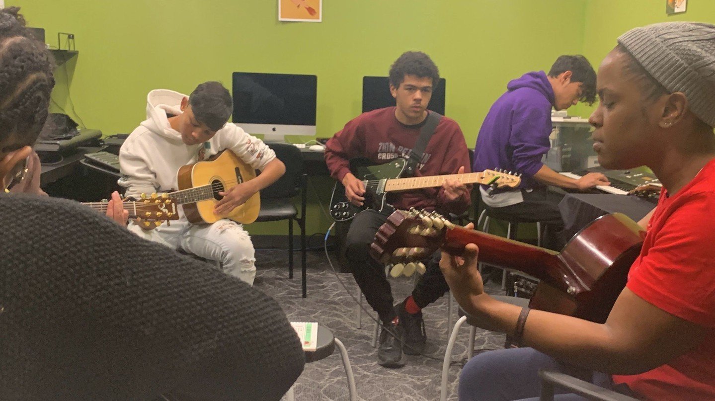 Join us on Tuesday and Thursdays from 4:30-6:30 at the Hub for Guitars Over Guns. 🎶 

The Guitars Over Guns program at the Hub had an amazing month! Several new students, who had never even played guitar before, joined our Winter Guitar 101 class to