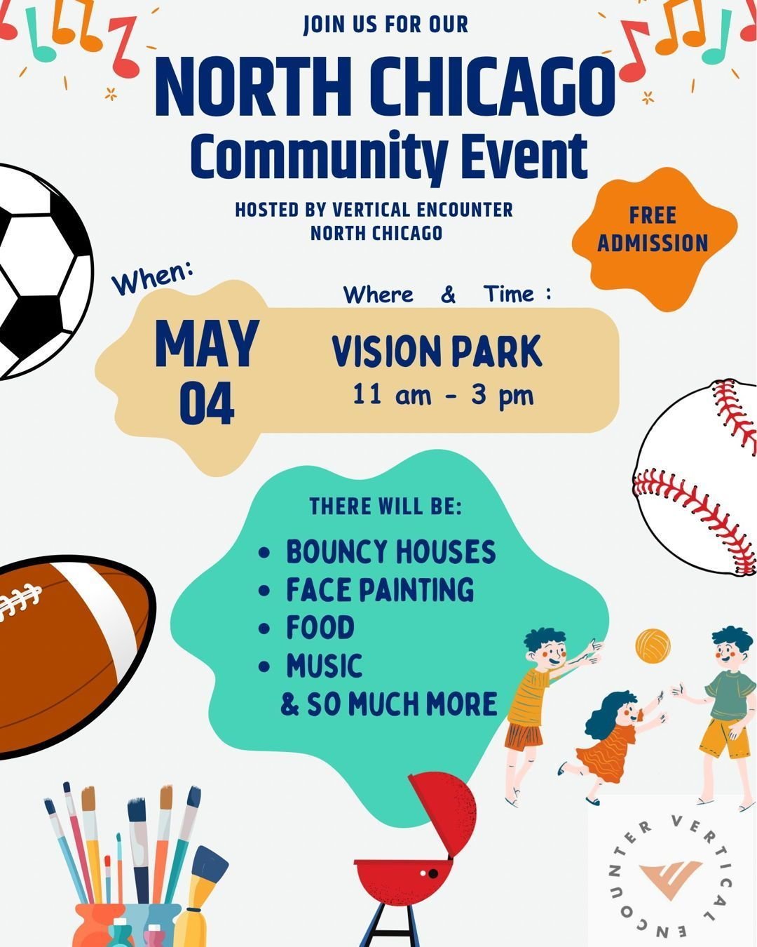 Are you looking for a fun event to attend next weekend? 😃

Check out the Community event that our friends at Vertical Encounter are hosting in North Chicago on Saturday, May 4th! 🪁 

Place: Vision Park (1730 Lewis Ave)

Time: 11am&ndash;3pm

Activi