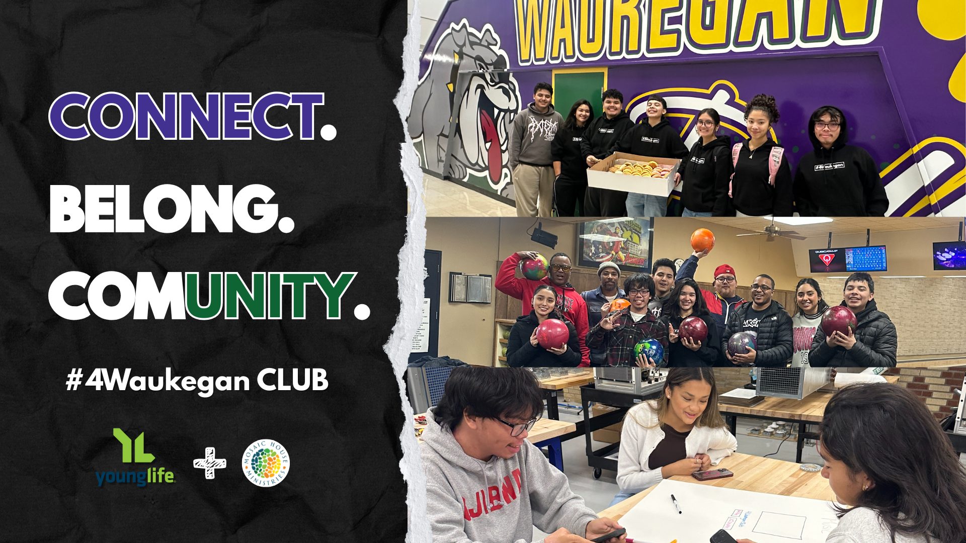 Collage of three photos showing diverse groups of teenagers and young adults engaging in community activities.