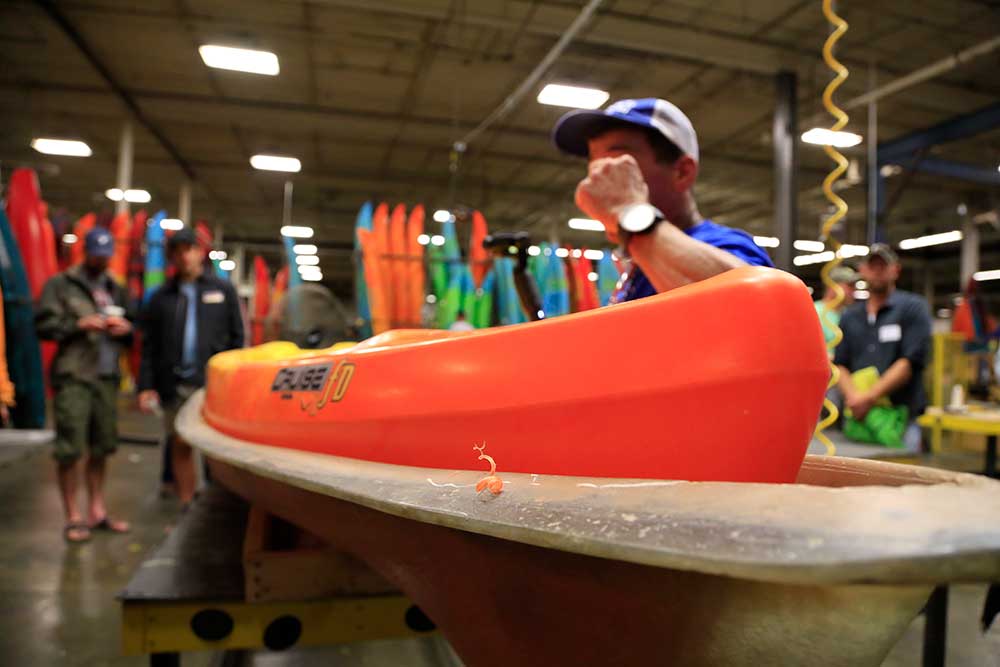  Every kayak is given an ultrasound. Measurements are taken on the mold in multiple spots to be sure the mold hasn't thinned out. 