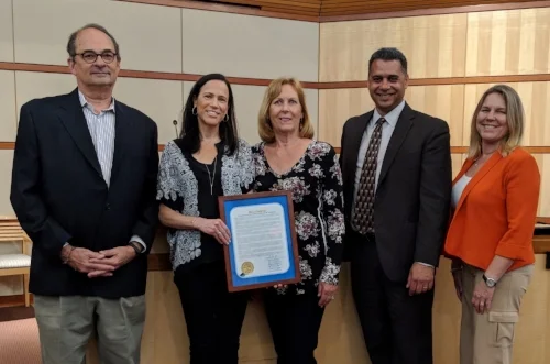 From left, accepting the proclamation are Ken Levinson (President, WCC Board of Directors), Jennifer Aguilar (Director of Student Services), Sharon Nutini (WCC DHH Specialist), Redwood City Mayor Ian Bain & Council Member Shelly Masur