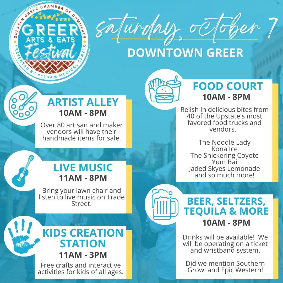 I mean look at that lineup! What isn't to love? October 7th cannot get here fast enough!

Greer Arts and Eats Festival
🗓Saturday-October 7th
⏰10:00AM-8:00PM
📍Greer, SC-Downtown
📷 @greerartsandeats