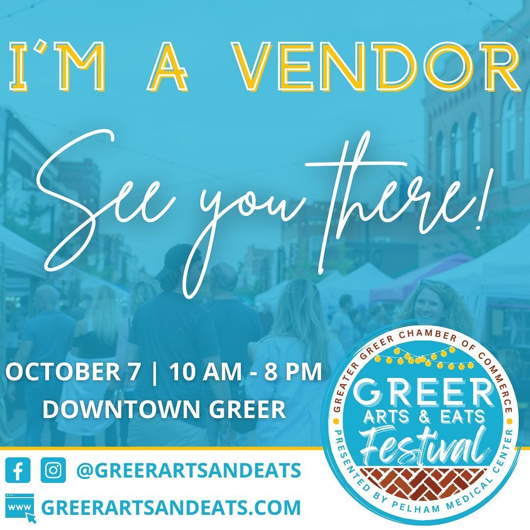 We are so excited for our favorite market of the year and one of the few we are doing this year!

Greer Arts and Eats Festival
🗓Saturday-October 7th
⏰10:00AM-8:00PM
📍Greer, SC-Downtown
📷 @greerartsandeats