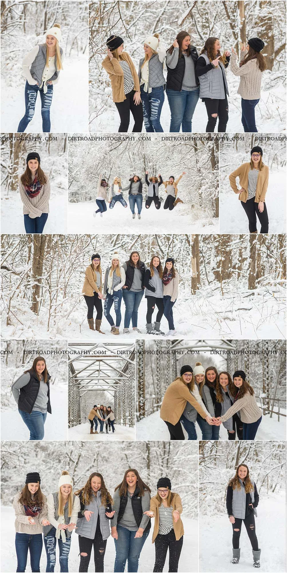 picture of high school senior girls from high schools in nebraska including wilber-clatonia high school, milford high school, friend high school, tri-county high school and norris high school. girls are in blue jeans with cream and white sweaters and winter boots, playing in snow with puffer vests and cc beanie caps. girls laughing and taking pictures in snow throwing it in the air for high school photography dirt road photography by kelsey homolka nerud photographer.