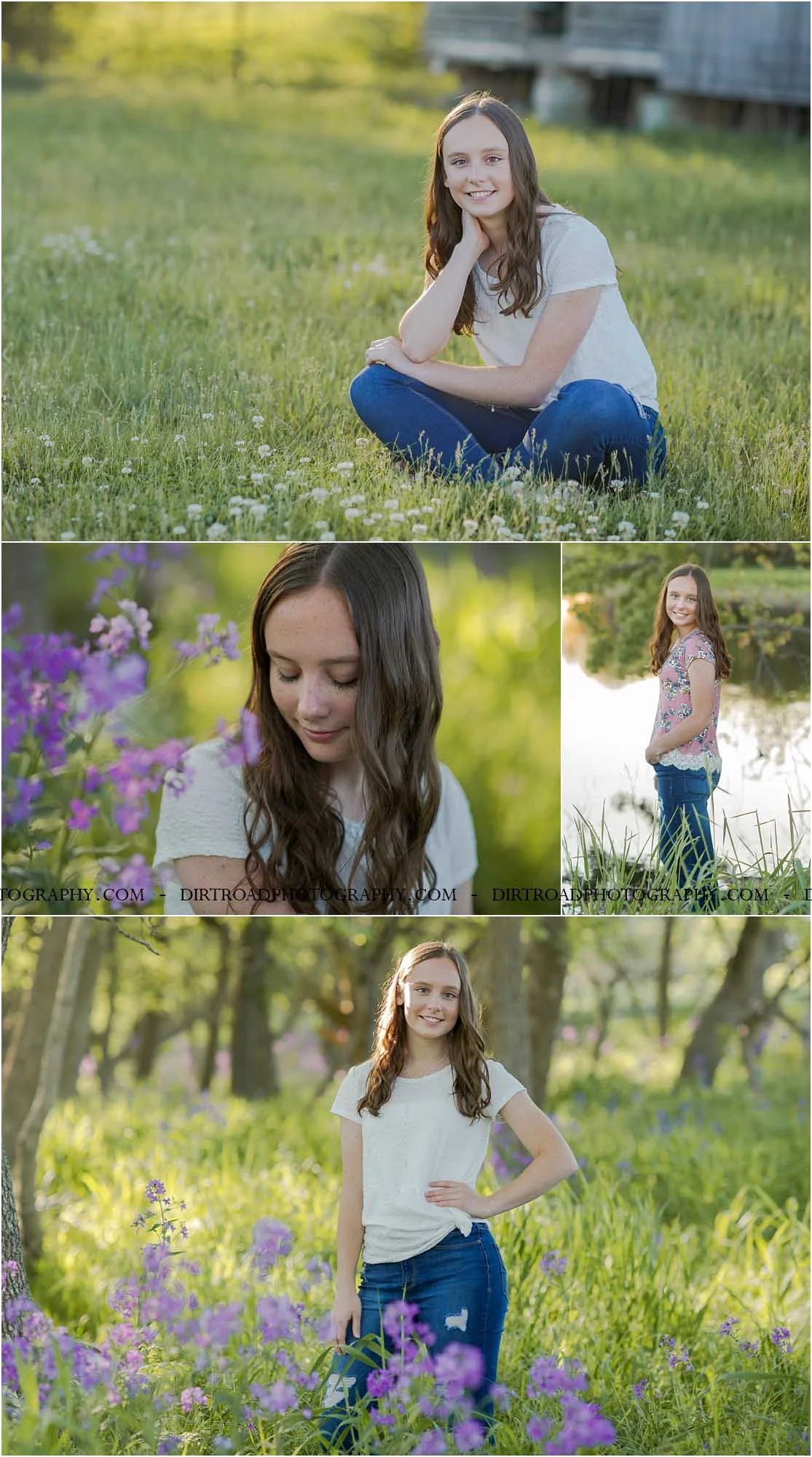 images of high school girl senior photos named shelby timmerman of clatonia nebraska who went to wilber-clatonia high school in nebraska and is part of the class of 2020. photos were taken near swanton nebraska in saline county. photo includes purple spring flowers at sunset with girl in white fitted shirt with knot tied on the side and jeans standing in tall natural grass with trees surrounding her. teen has curly long brown hair. photos taken at sunset near water and farm pond. photographer is kelsey homolka nerud of wilber nebraska who specializes in high school senior photography and senior pictures.
