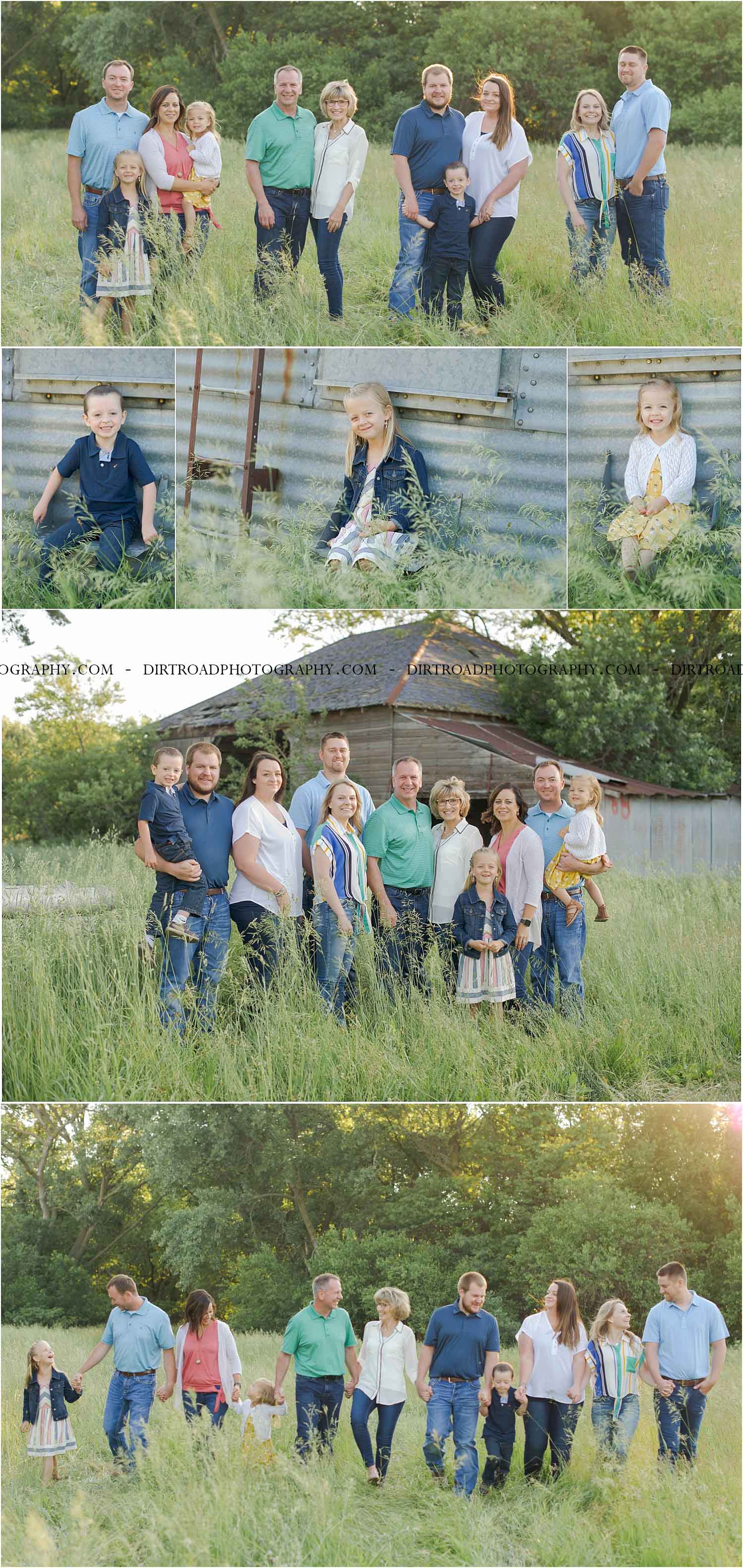 images of fairbanks family, three generations, from fairbury nebraska, beatrice nebraska, lincoln nebraska and omaha nebraska. photos taken in southeast rural area near wilber nebraska on a gravel road at sunset with family walking towards camera. family is dressed in navy, coral, light blue, cream, white, stripes and blue jeans with sandals. surrounded by tall grass in early spring with short corn and soybeans starting to grow. family standing in tall grass with trees in the background. grandparents are looking at camera while kids looking at parents. photo taken by dirt road photography and photographer is kelsey (homolka) nerud.