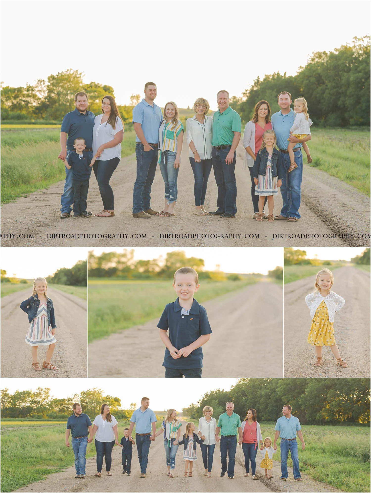 images of fairbanks family, three generations, from fairbury nebraska, beatrice nebraska, lincoln nebraska and omaha nebraska. photos taken in southeast rural area near wilber nebraska on a gravel road at sunset with family walking towards camera. family is dressed in navy, coral, light blue, cream, white, stripes and blue jeans with sandals. surrounded by tall grass in early spring with short corn and soybeans starting to grow. family standing in tall grass with trees in the background. grandparents are looking at camera while kids looking at parents. photo taken by dirt road photography and photographer is kelsey (homolka) nerud.