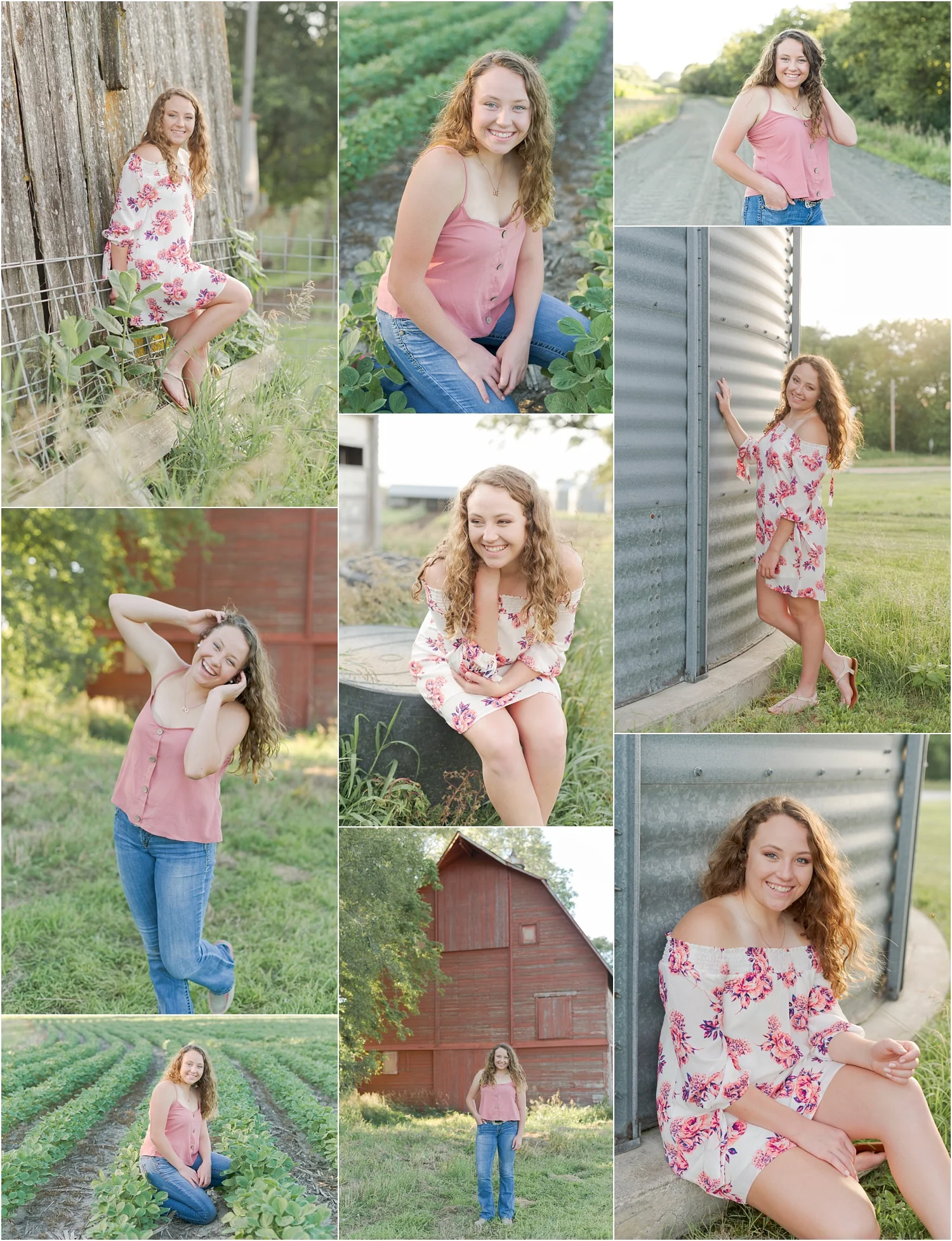 images of high school girl senior photos named cassidy kowalski of wilber nebraska who went to tri-county high school in dewitt nebraska and is part of the class of 2020. photos were taken near wilber nebraska in saline county at farms. photo includes tall glass buildings, cattle, show cows, blue dresses, summer, sunsets, and dirt roads. cassidy is also wearing pink tank top with blue denim jeans as well as floral off the shoulder dress and sandals. girl is dressed in brown cowboy boots with blue lace dress with long brown curly hair and styled make-up. dirt road surrounded by trees and dust at sunset. tall grass with a sunset behind as well. photographer is kelsey homolka nerud of wilber nebraska who specializes in high school senior photography and senior pictures.