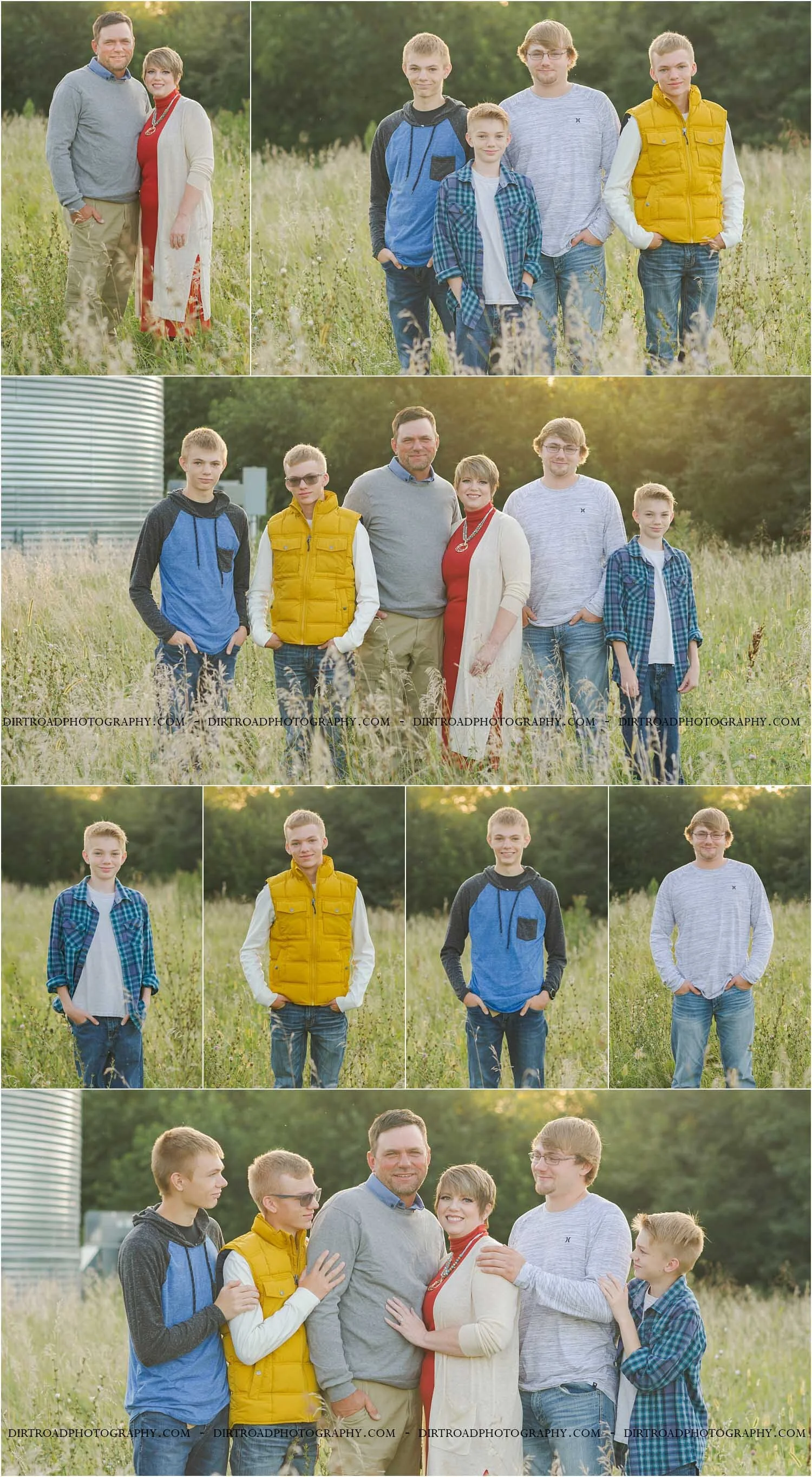 images of fairbanks family, three generations, from fairbury nebraska, beatrice nebraska, lincoln nebraska and omaha nebraska. photos taken in southeast rural area near wilber nebraska on a gravel road at sunset with family walking towards camera. family is dressed in navy, coral, light blue, cream, white, stripes and blue jeans with sandals. surrounded by tall grass in early spring with short corn and soybeans starting to grow. family standing in tall grass with trees in the background. grandparents are looking at camera while kids looking at parents. photo taken by dirt road photography and photographer is kelsey (homolka) nerud.