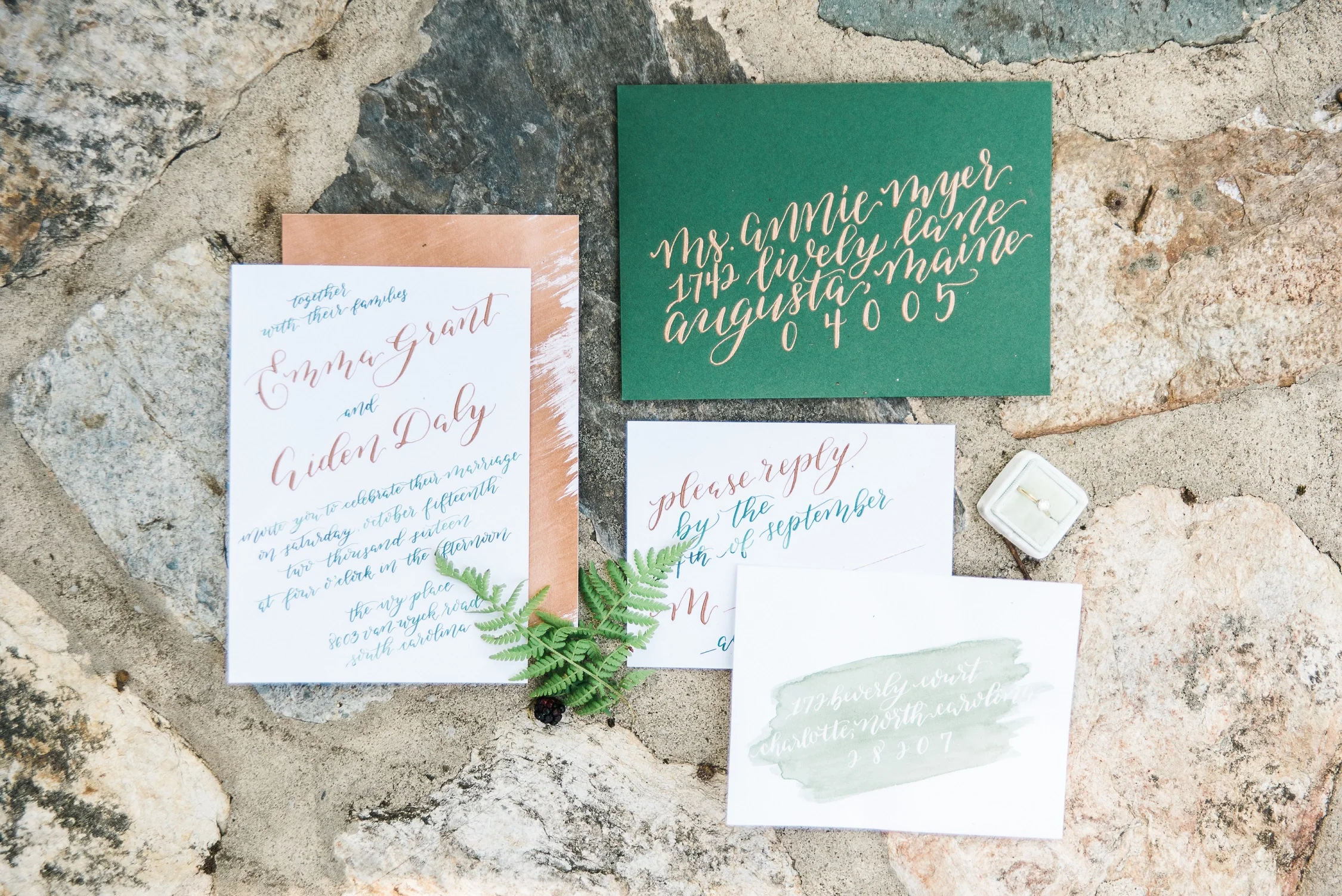 Green & copper invitation suite
