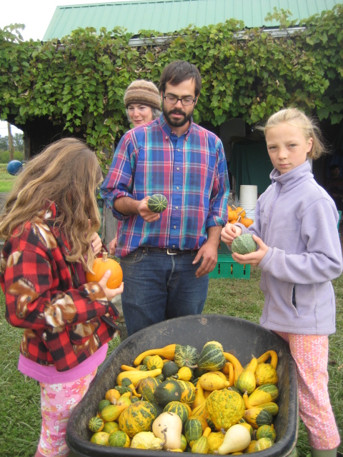 Children picking gourds from a wheelbarrow