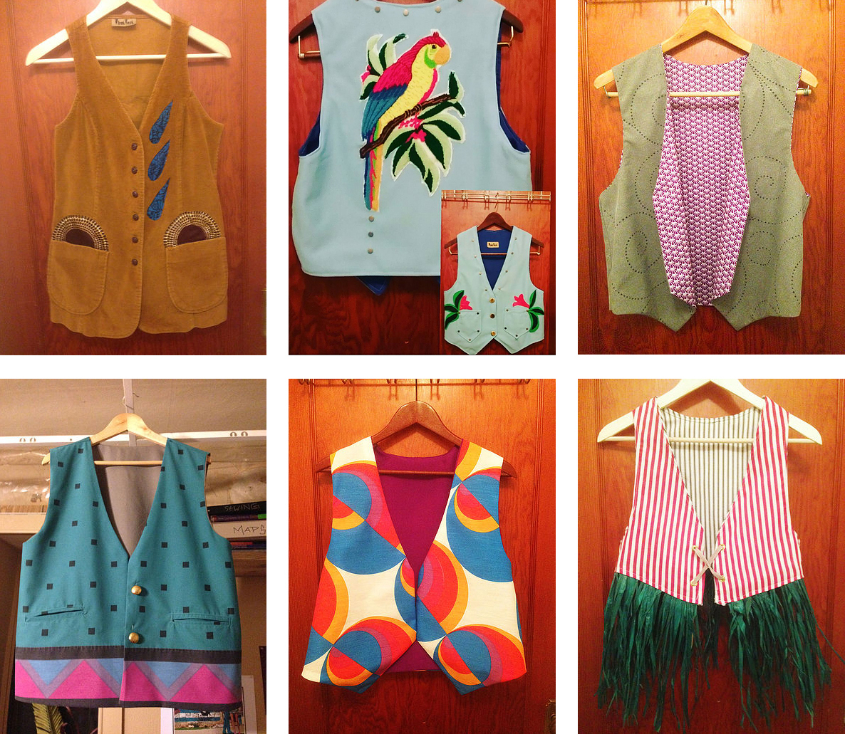 Some examples of the WhatVest Collection - The Parrot (top, center) is a retro-western style vest inspired by the creations of Manuel Cuevas the famous designer who made outfits for the likes of Johnny Cash and Dolly Parton.