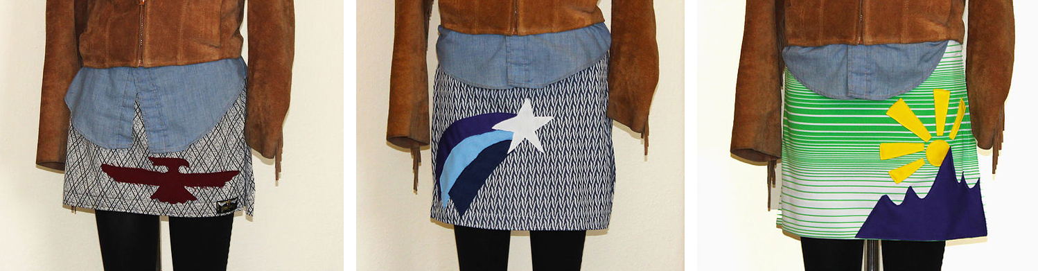 Vintage polyester skirts - A limited edition line of skirts using some of Nadia's vintage patterned polyester fabric that she has collected over the years. She has added funky applique designs to give them a retro feel.