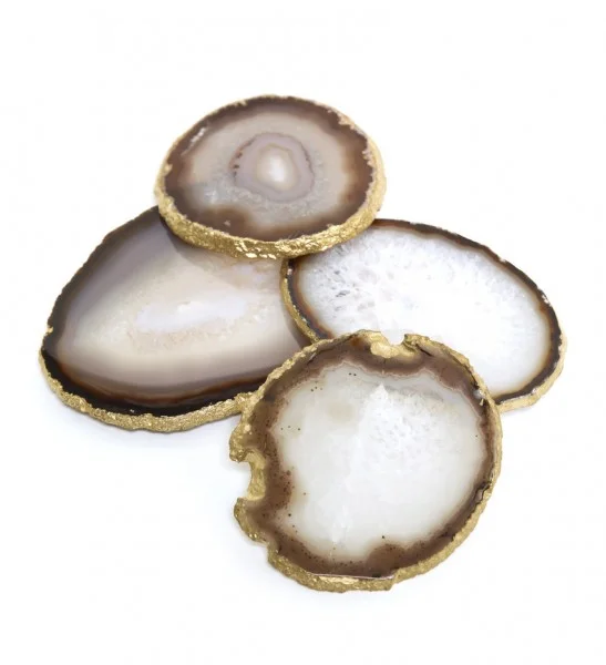 BROWN & IVORY TONE SET OF FOUR NATURAL AGATE GOLD EDGED COASTERS