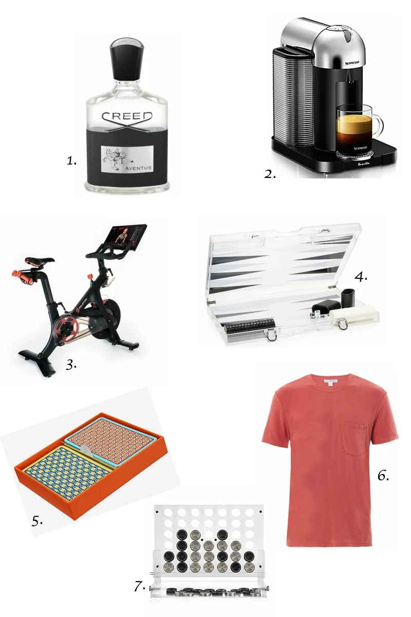 1. Creed Aventus cologne2. Nespresso machine3. Peloton bike4. Lucite backgammon set5. Hermes playing cards6. James Perse t-shirt7. Lucite connect 4 set