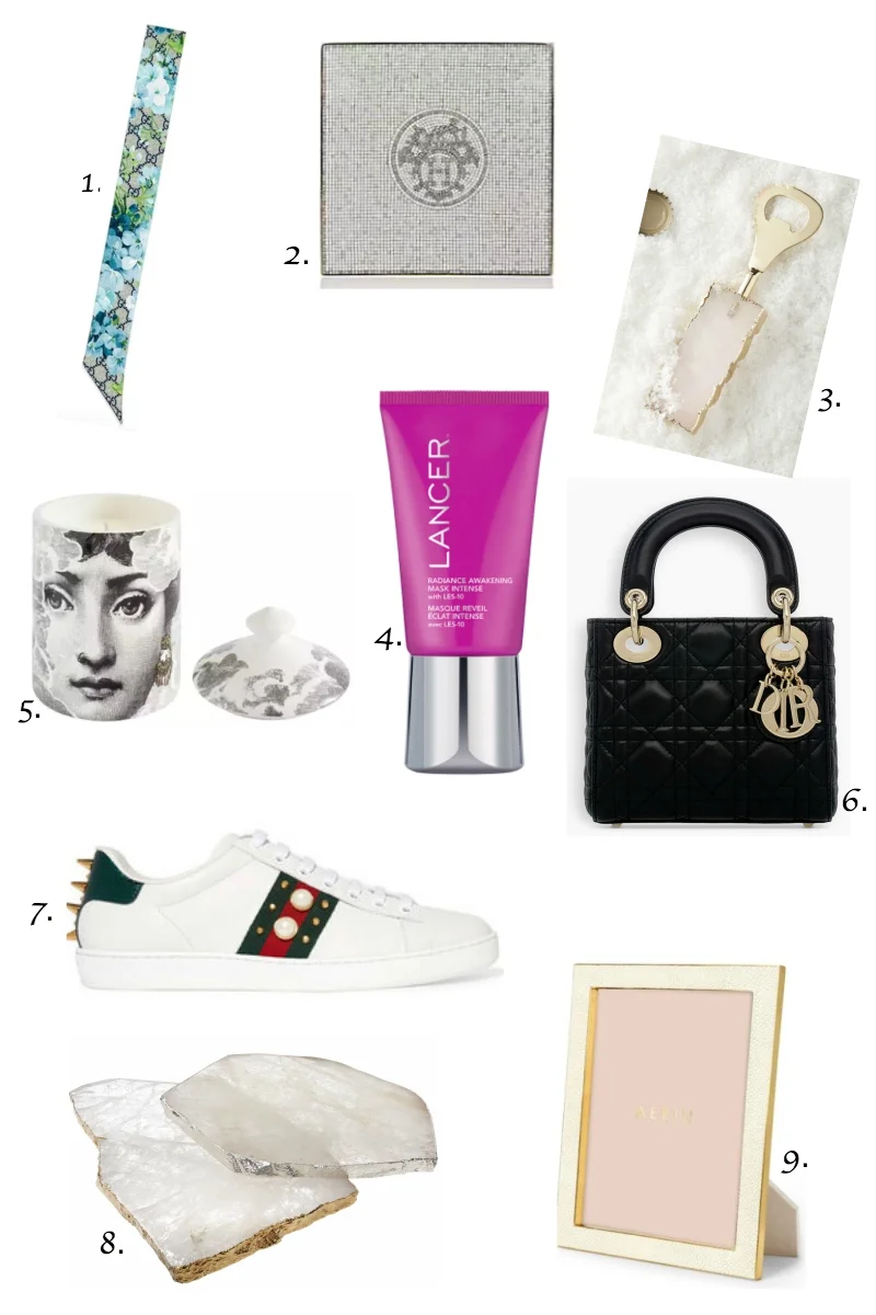 1. Gucci GG Blooms Skinny Scarf2. Hermes square scarf3. Agate bottle opener4. Lancer Radiance Awakening Mask Intense5. Fornasetti Nuvola Scented Candle6. Mini Lady Dior bag7. Gucci Ace Studded Sneaker8. Agate cheese board9. Aerin picture frame