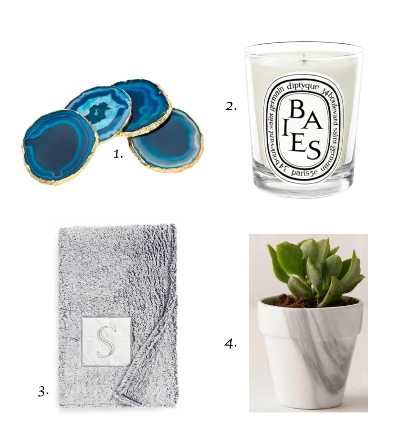 1. Agate coasters2. Diptyque Baies candle3. Monogram throw blanket4. Marble planter