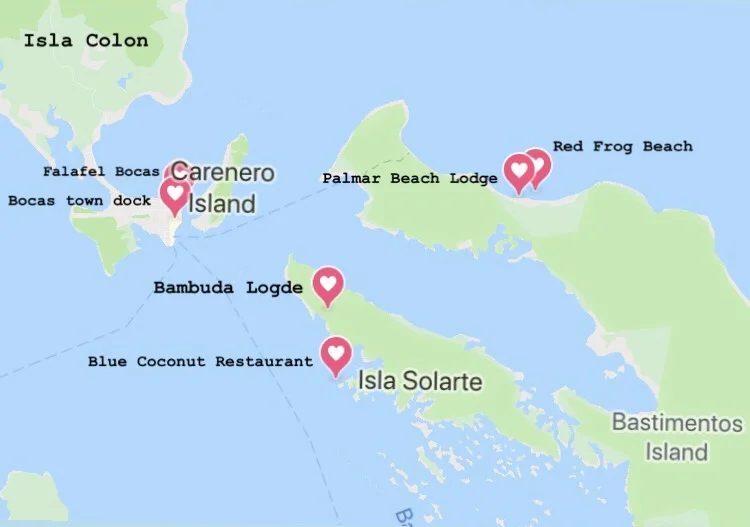 Map of Bocas with mentioned recommendations