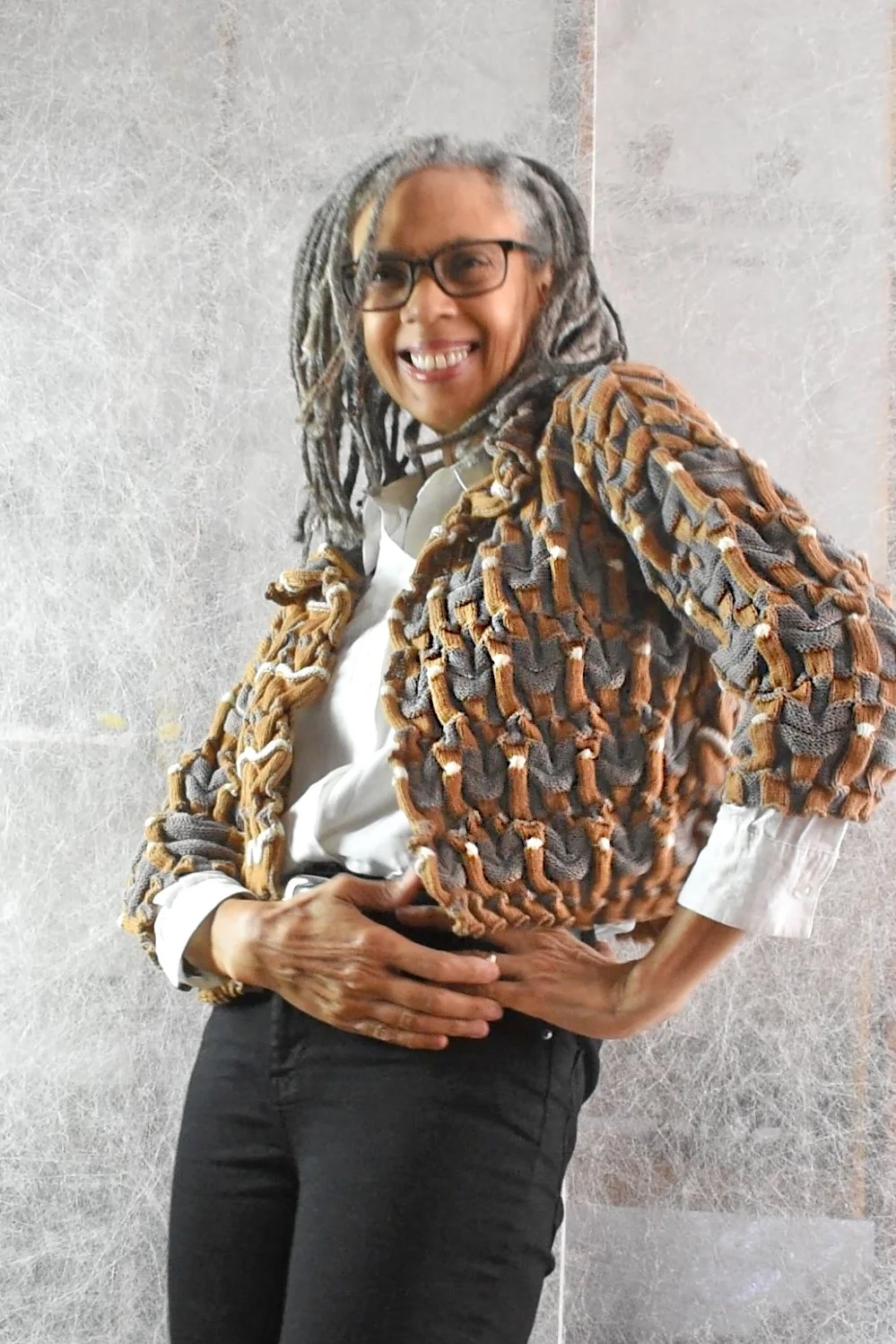 O. Jolly wearing Transfigured Rectangles cardigan