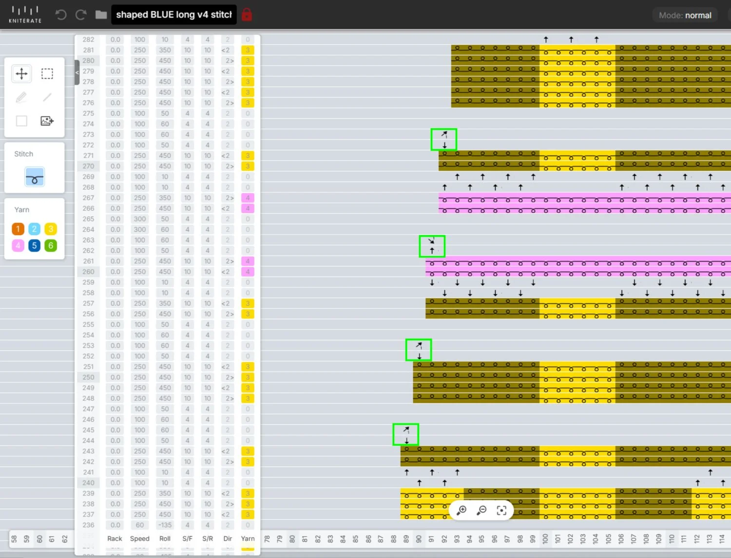 Decreases are highlighted in screenshot from the Kniterate design app.