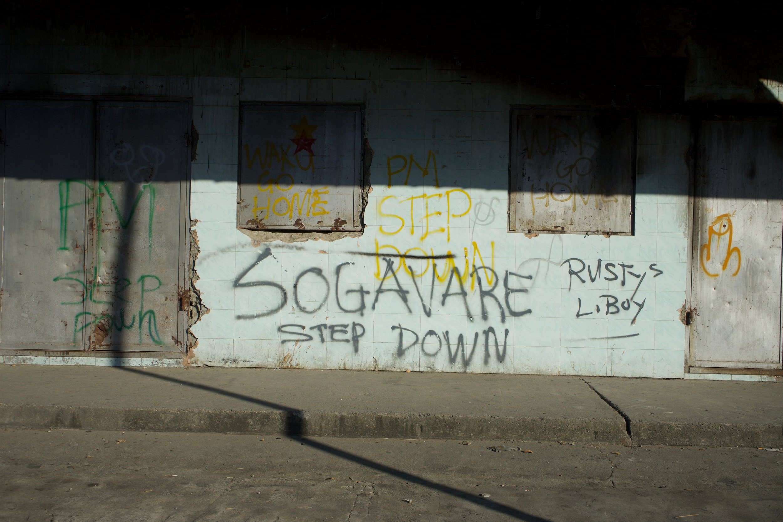 "Sogavare, stand down": Protest aftermath in Honiara.
