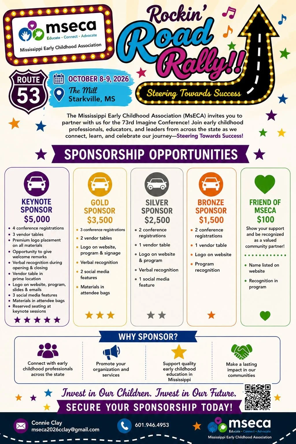 Flyer for the Rockin' Road Rally event organized by Mississippi Early Childhood Association, taking place October 8-9, 2026 at The Mill in Starkville, MS. Features sponsorship levels from keynote to friend of MSEC, with details about benefits. Bright colors, music notes, and a road graphic included in the design.