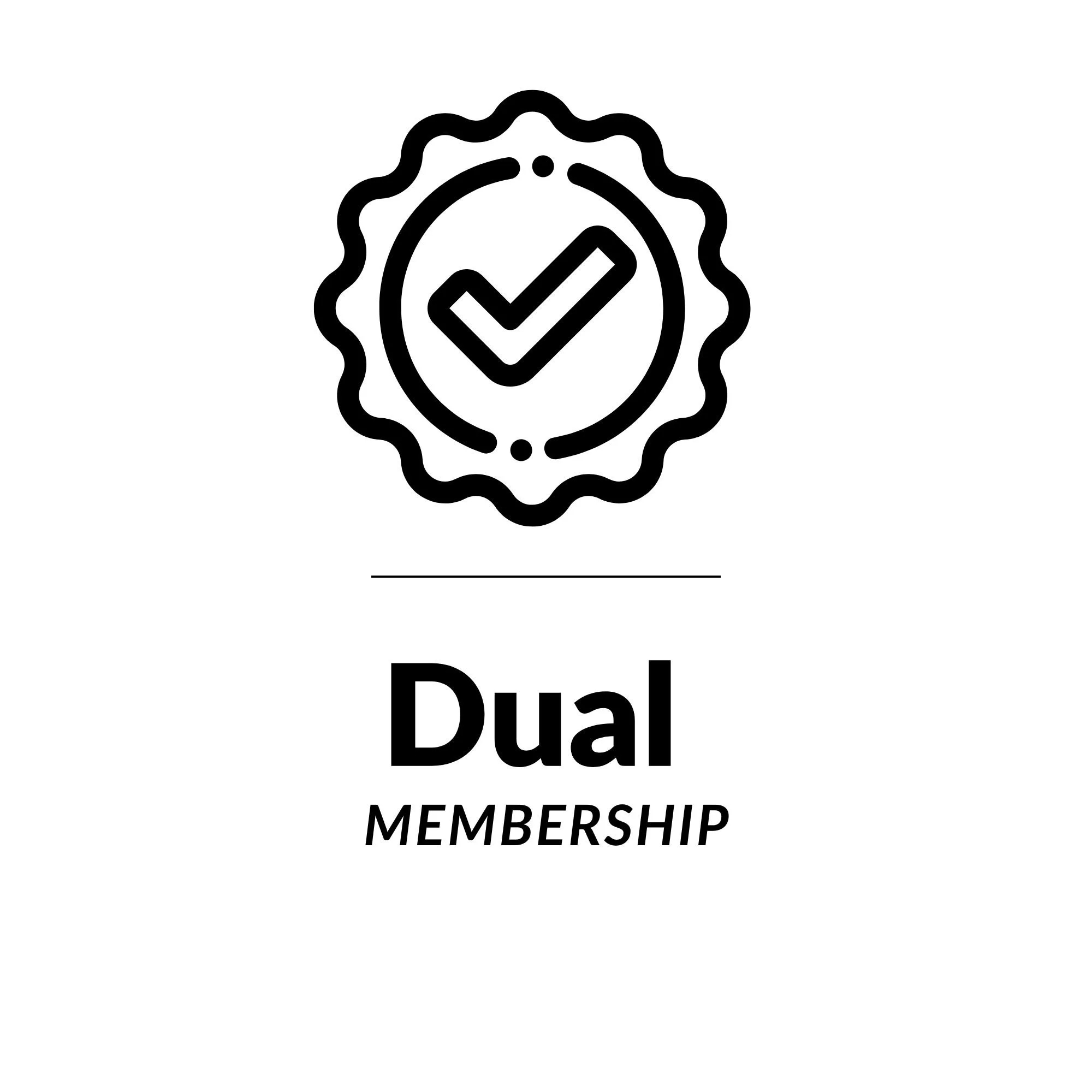 Membership badge for Dual Membership with a clock and check mark icon.