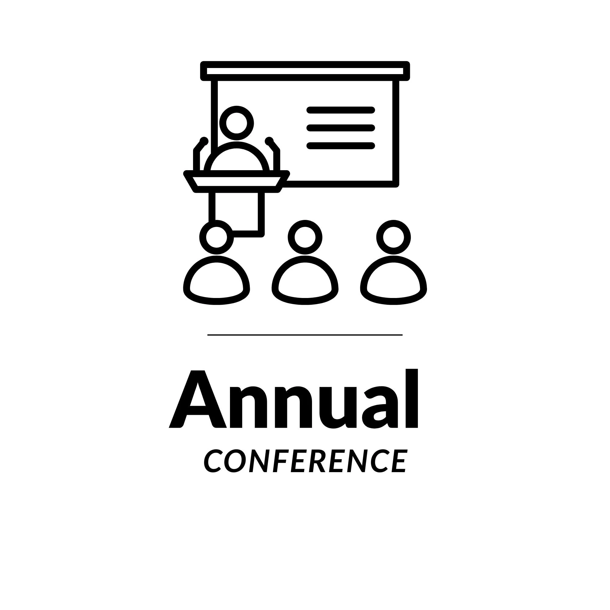 Outline of a conference banner with a person presenting at a podium, and the words "Annual Conference"