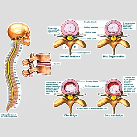 Progression of disc bulge to herniation (images on right are viewed from above)
