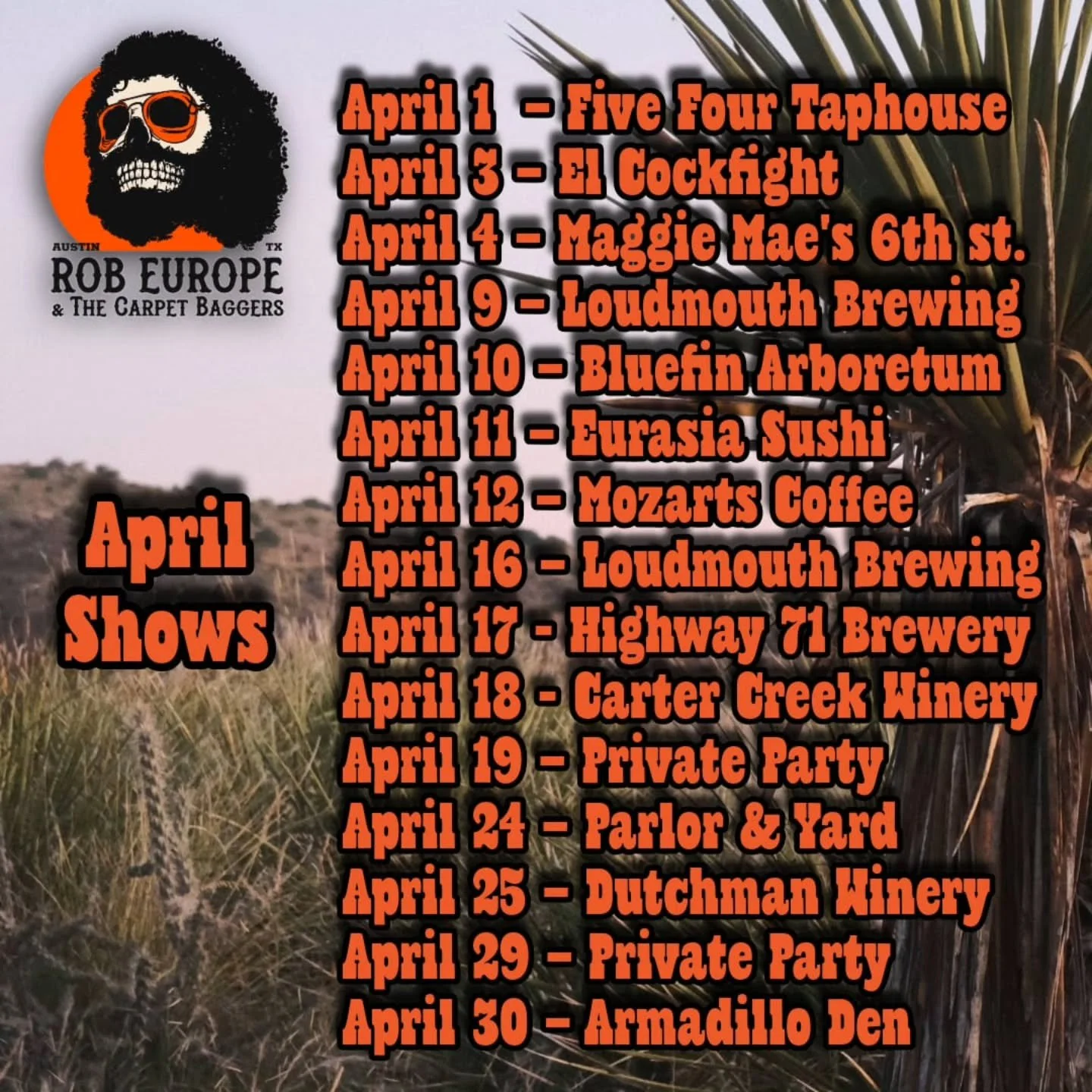 Stacked April ahead for all you Carpetbaggin&rsquo; hijinks 🤠
Kicking it off tonight @el.cockfight
7&ndash;10pm
Rooftop margaritas, killer tacos, and a mix of outlaw country + Latin rock to get things rolling.