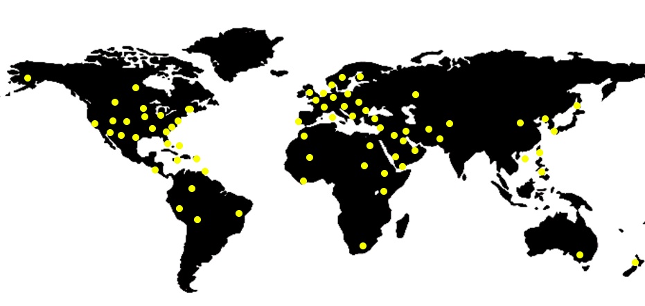 The yellow dots signify from where Dr. Rubinfeld's patients traveled to see him.