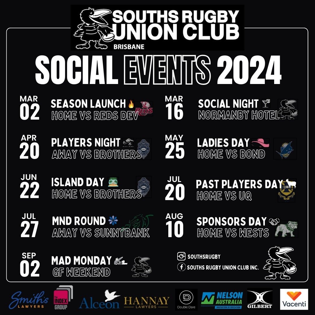 Cancel your plans, clear your diary. Souths Social Events 2024 are out! 📅 

🏉 Join us at the Nest for our Season Launch on March 2, which will coincide with a huge trial game between Souths and the Reds Development XV.

🎉 March 16 - Social Night a