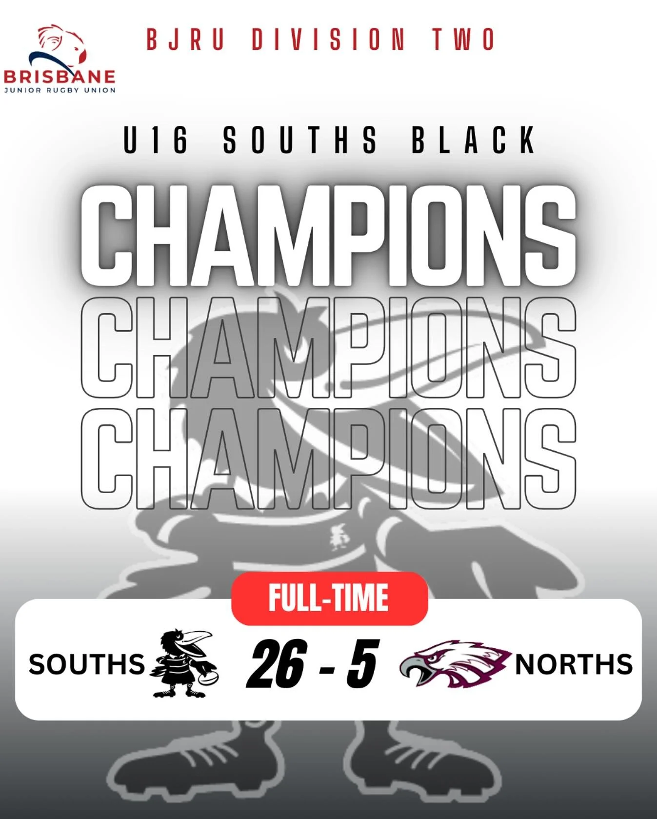 .
🏆 U16 Div 2 Champions ✊✊

Our boys did it 🙌

An emphatic 26-5 victory to claim the 2025 U16 BJRU Div 2 title. Well done boys. The club is proud of you. 

#amagpieforme⚫️⚪️ #southsrugby #southsrugby2025