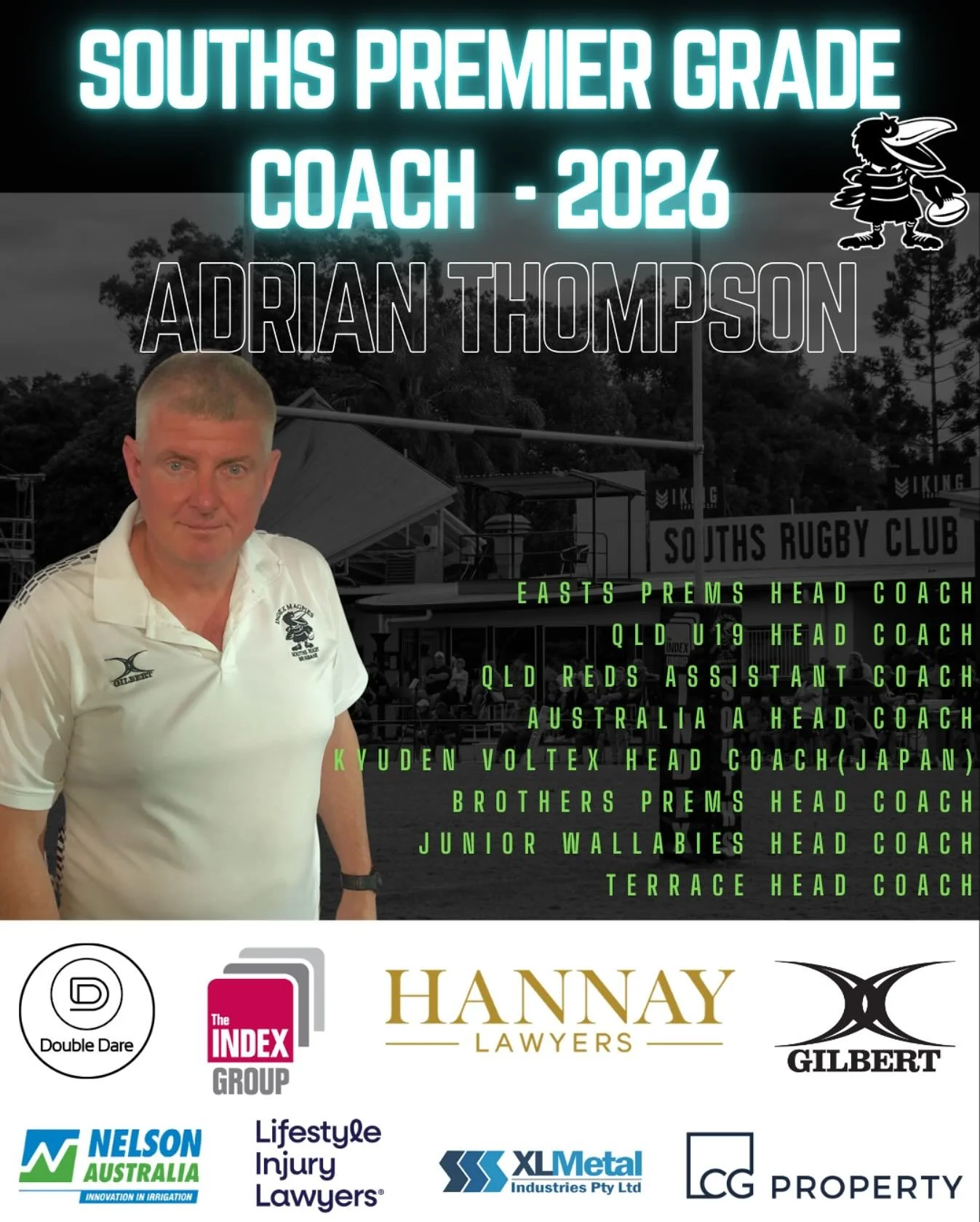 .
🚨 COACHING ANNOUNCEMENT 🚨

Souths Rugby are thrilled to announce Adrian Thompson as our Premier Grade Head Coach for Season 2026! ⚫⚪

Adrian brings a wealth of experience and an impressive coaching CV, including:
🏆 1999, 2000 &ndash; Easts Premi