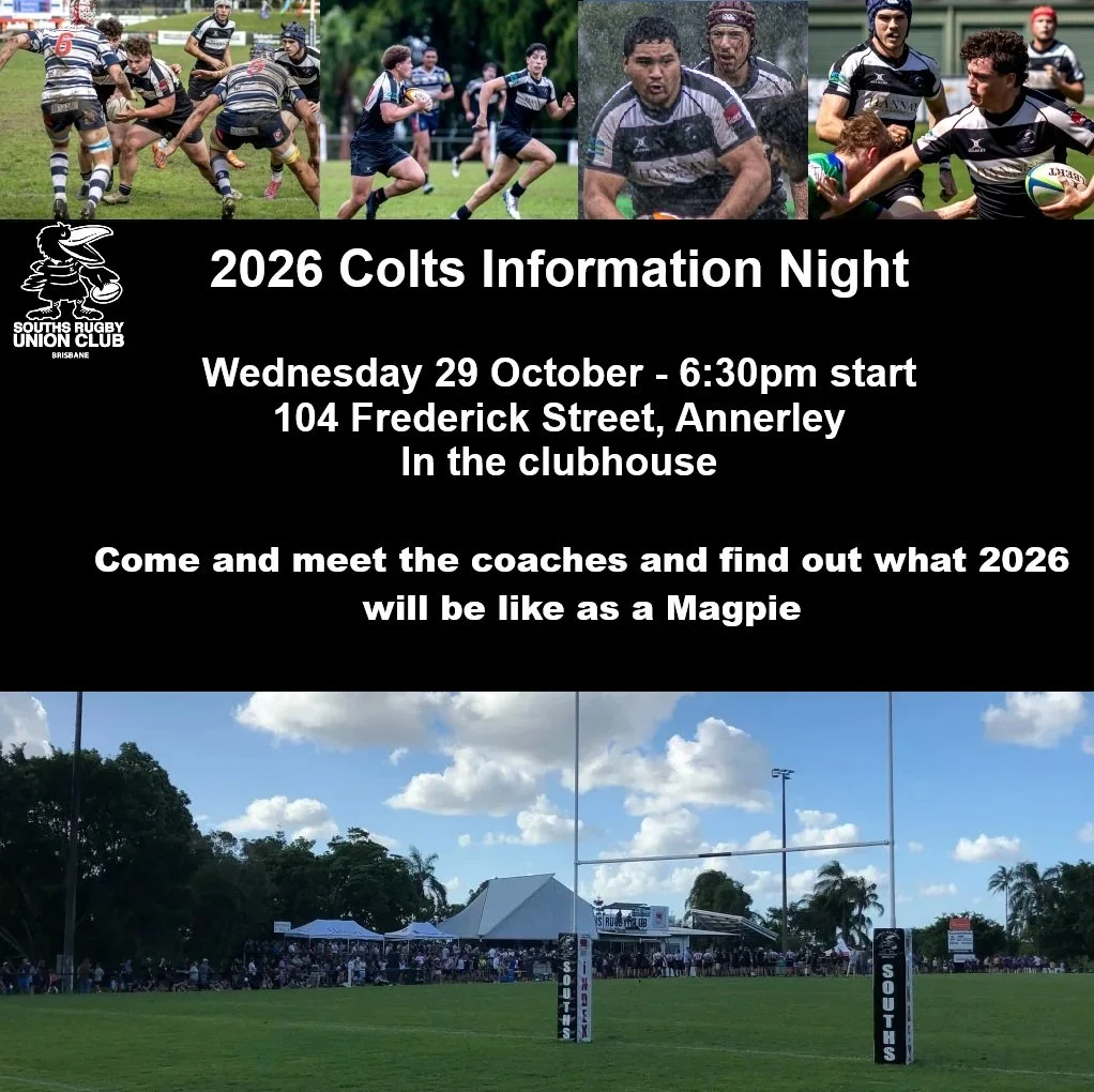 .
📣 ATTENTION 2026 COLTS PLAYERS
.
🏈 Souths Colts information night.
.
📍 Location: 104 Frederick Street, inside the clubhouse
📅 Date: 29 October
⏰ Time: 6:30pm
.
Come and meet the coaches and hear all about the colts program at Souths for season 