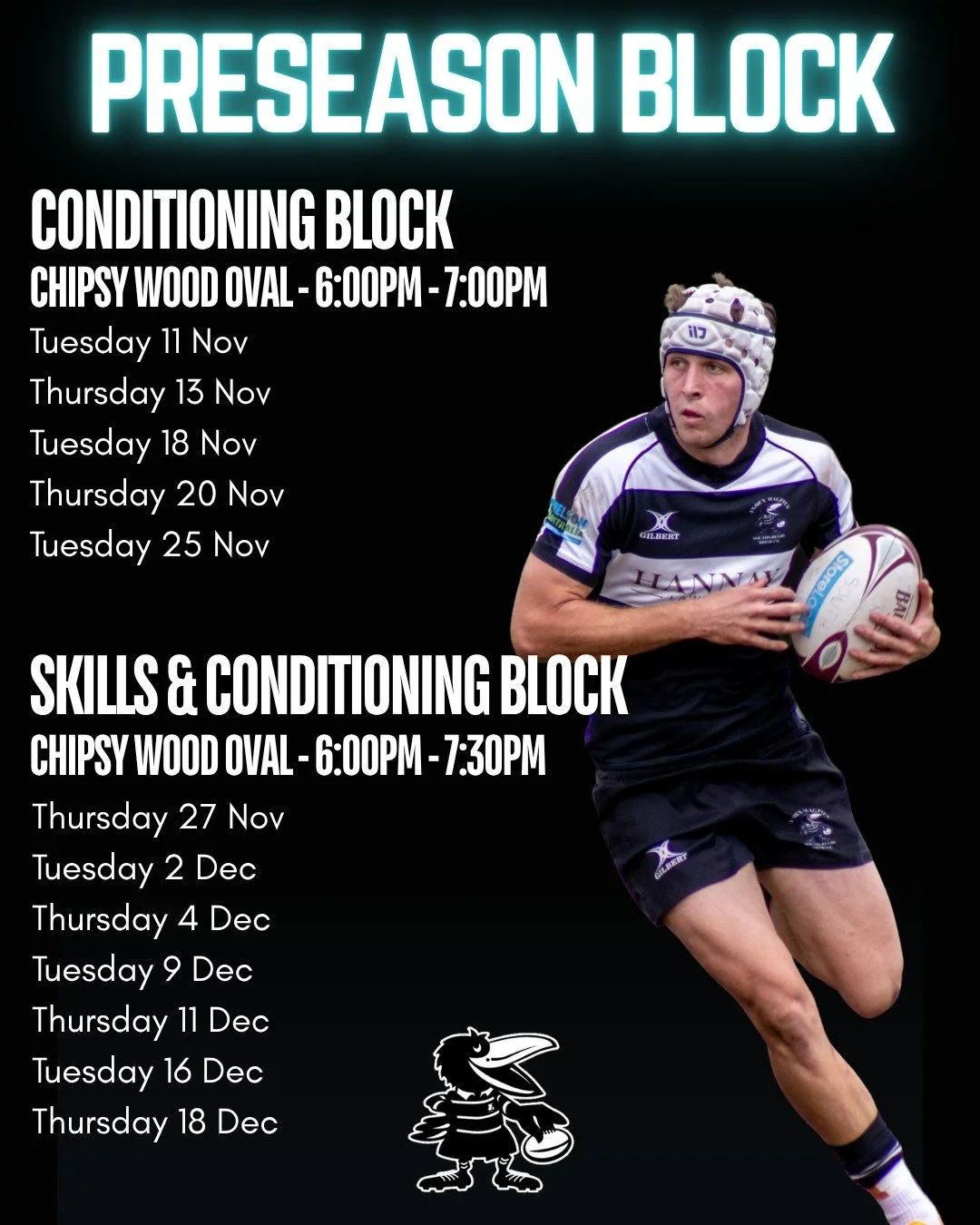 .
📣 ATTENTION SENIOR MAGPIE PLAYERS
.
🏈 Pre-season block is coming up , commencing Tuesday 11 November. (see slide for all dates)
.
There will be 2 pre-season blocks:
Block 1 conditioning block - 6:00pm - 7:00pm
Block 2 Skills and conditioning - 6: