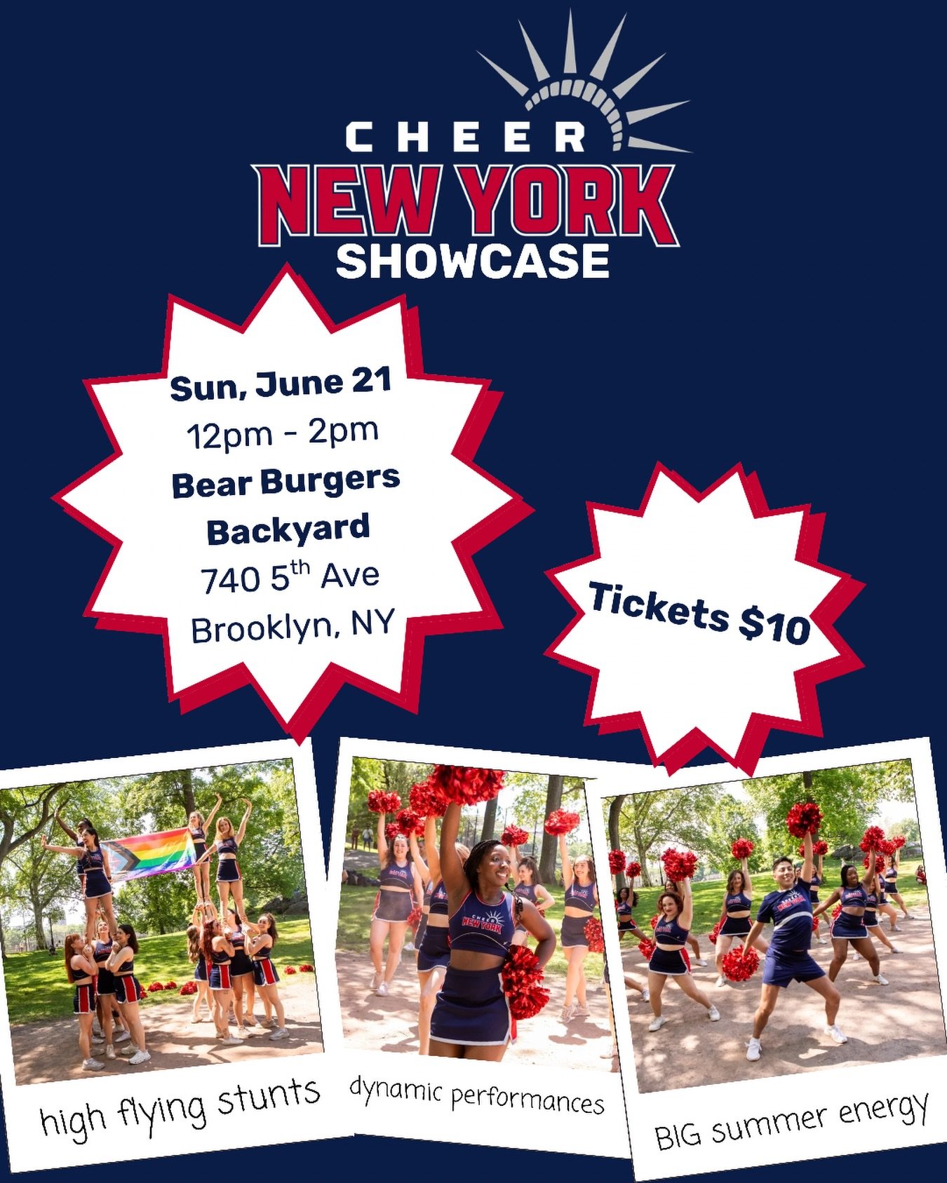 ✨COME SEE THE SHOW✨

Cheer New York is BRINGING IT this summer! Join us for an afternoon of stunts, performances, community, and BIG summer energy!

📅 Sunday, June 21st  📍 Bear Burgers Backyard - 740 5th Ave, Brooklyn, NY 11232 ⏰ Doors Open: 12:00 