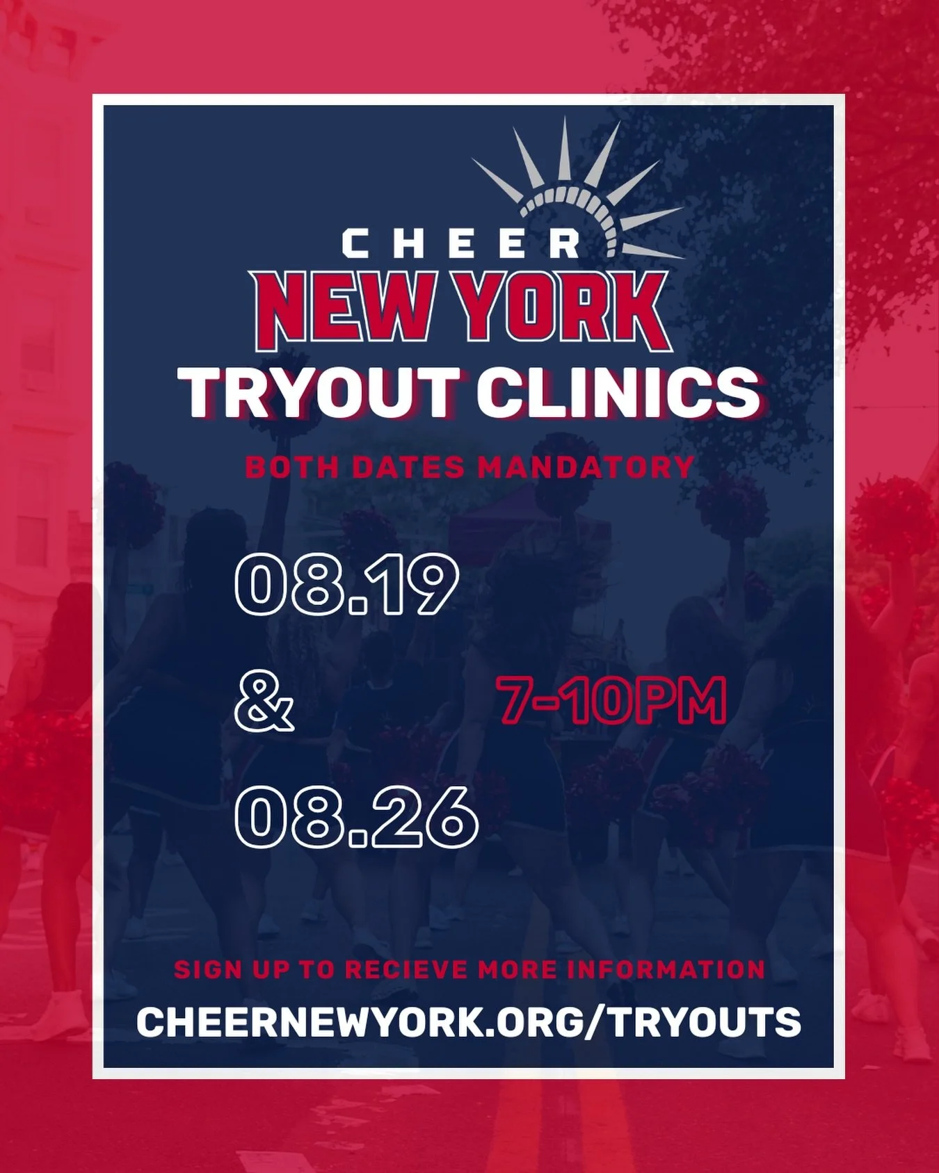 ❤️ Do you have FOMO seeing us stunt and dance around the city!? Now&rsquo;s your chance to join in on the fun! 💙

🌈 Cheer clinics are mandatory for anyone interested in trying out for the 2026-2027 season

🗓️ CLINIC DATES : Please arrive at 6:45PM