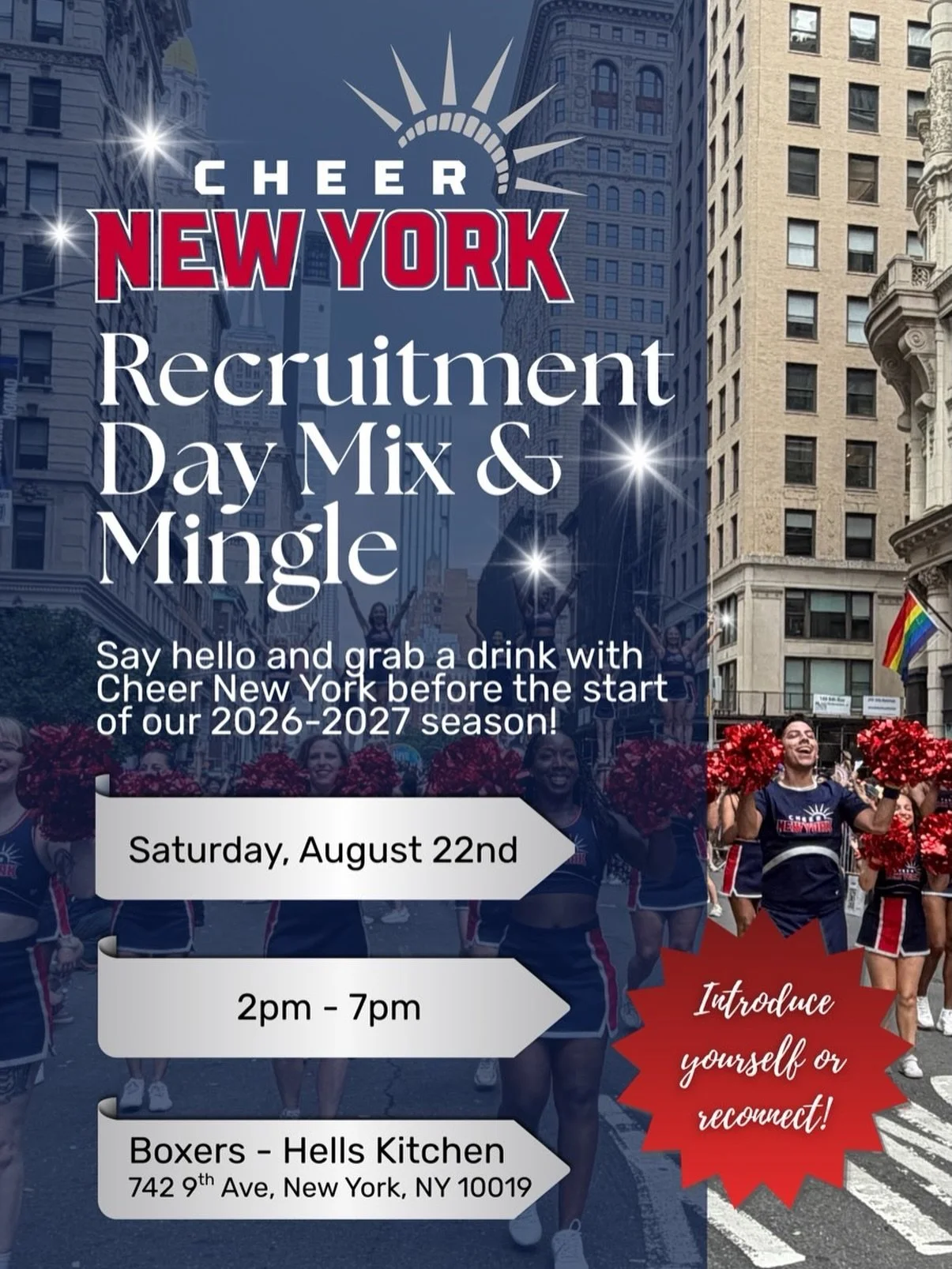 ✨ Join us for our 2026 Recruitment Day: Mix &amp; Mingle @ Boxers HK on 8/22 from 2-7pm! 

🥂 Grab cocktails and get to know each other, meet current team members, and learn more about Cheer New York! 

🤸🏼 Bring your friends and/or family - everyon