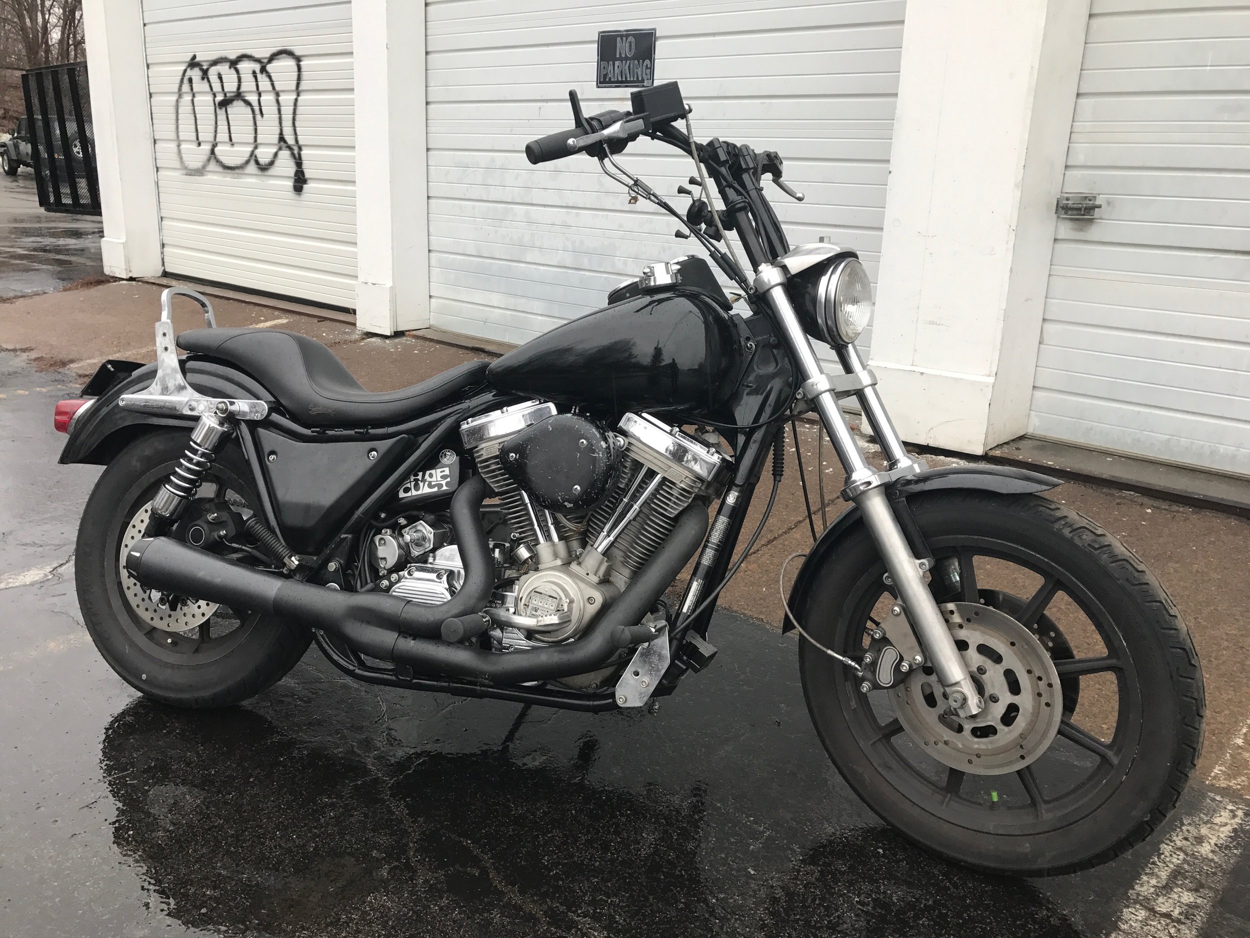 FXR with 96" S&S motor. Started its life as a bone stock 1988 FXR with an 80" motor. Broken Sprocket Garage replaced the transmission gearset, installed a high output starter and clutch, and fit the 96" S&S motor.