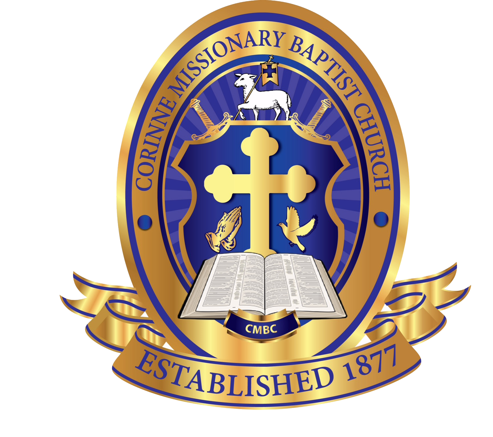 Seal of the Cormine Missionary Baptist Church, established 1877, featuring a gold cross, praying hands, a dove, an open Bible, a bible verse, and a lamb with a flag.