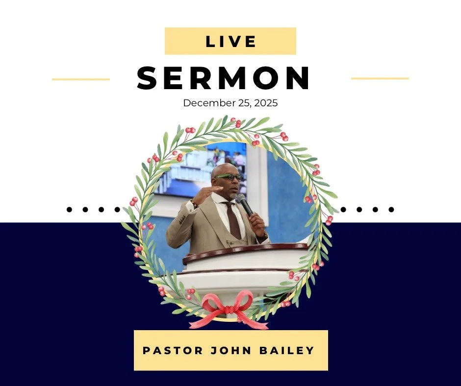 Invitation graphic for a live sermon service by Pastor John Bailey on December 25, 2025, featuring a man in a suit holding a microphone, framed by a Christmas wreath design.