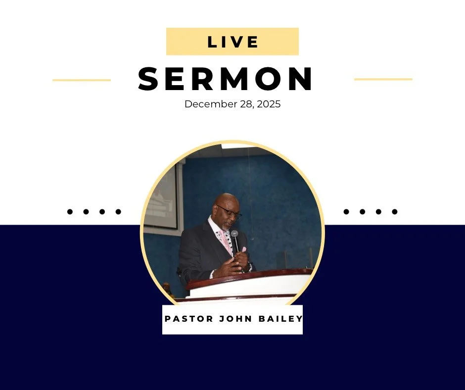 A promotional poster for a live sermon service on December 28, 2025, featuring Pastor John Bailey speaking at a podium.