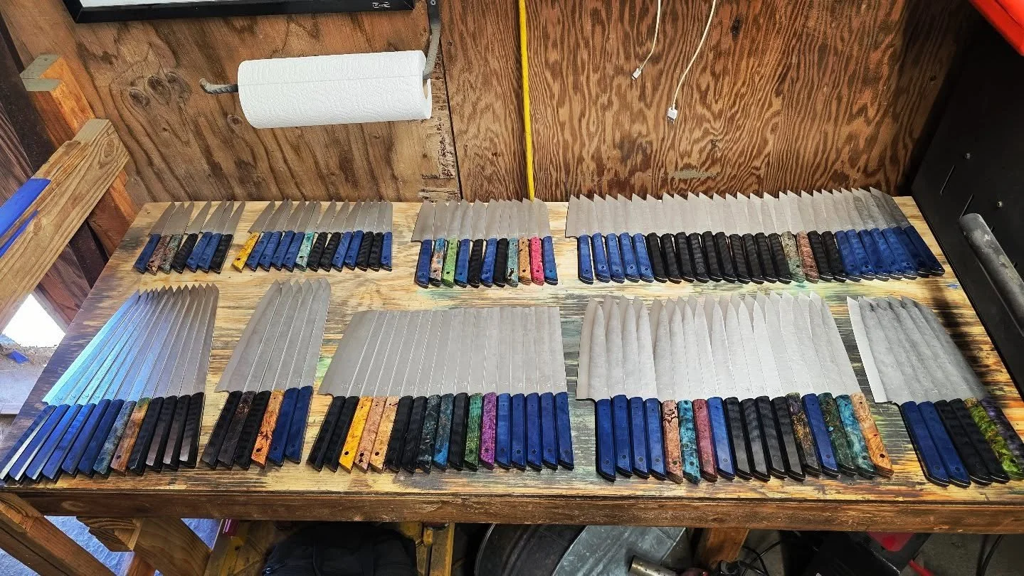 I began a gaint batch on February 1st and finished it on march 9th. 144 kitchen knives in 5 weeks. This was my biggest order to date. With the help of my apprentice @vestigialarms and a lot of will power, it is DONE. 

These are all going to knife st